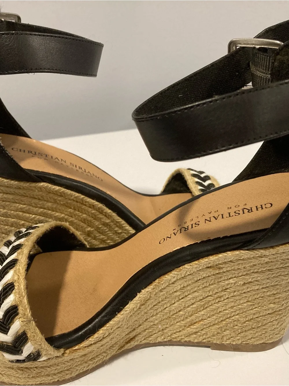 Christian Siriano Black and Natural Braided Espadrille Wedge Sandals